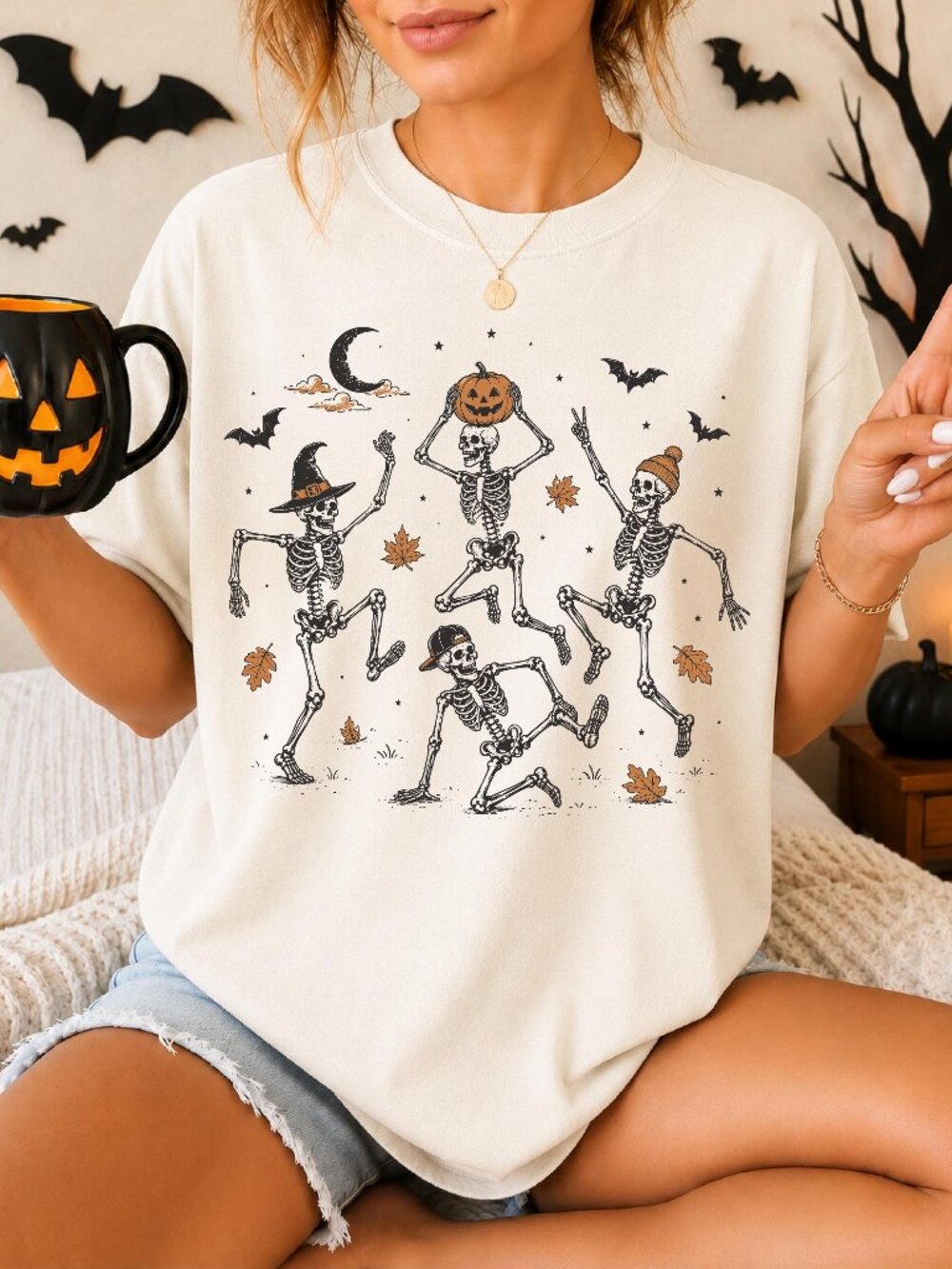 Dancing Skeleton Shirt, Halloween Pumpkin Skeleton Halloween Tee